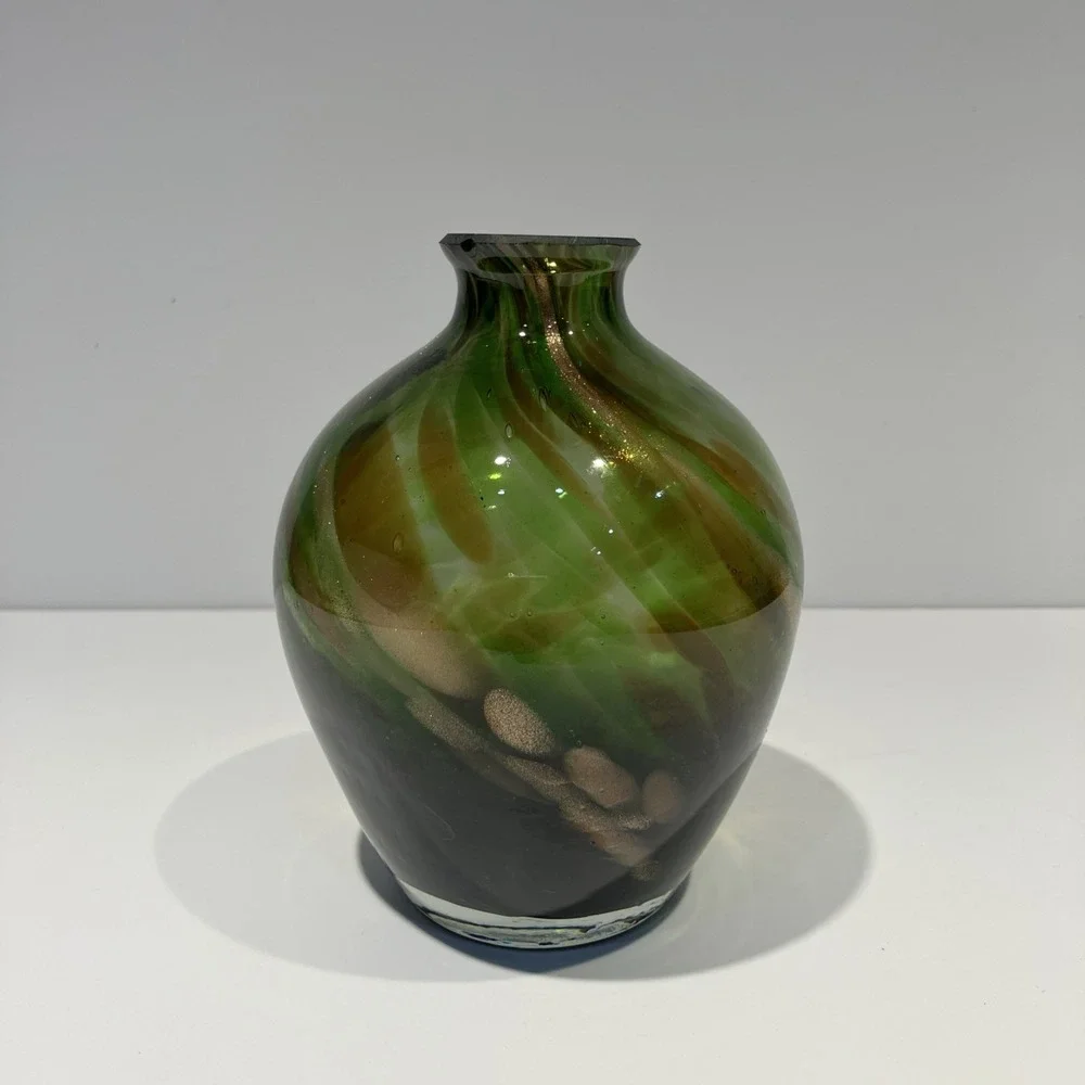 Green Art Glass Vase With Sparkly Bronze Swirls 4.75